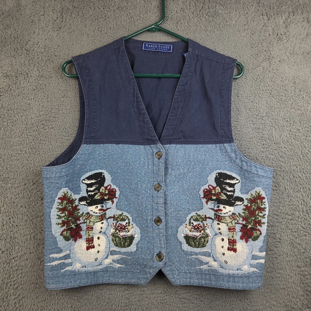 Vintage Christmas Vest Women's Extra Large Karen Scott Snowman Winter Blue